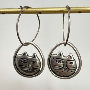 Laurel Burch Cat Face Hoop Earrings Silver Tone Dangle Funny Whimsy Vintage